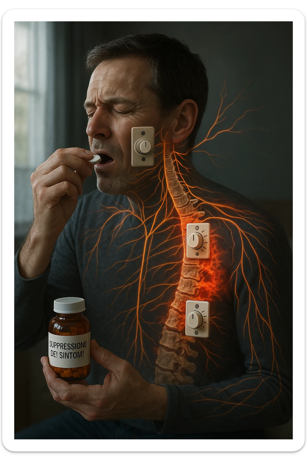 Realistica cinematic Man taking pain medication for chronic back pain, pills shown as dimmer switches turning down pain signals in transparent nervous system overlay, underlying spinal damage remaining completely untreated and worsening, expression of temporary relief masking progressive deterioration, medication bottle labeled 'symptom suppression' not 'cure', root cause inflammation continuing to spread in italiano sticker