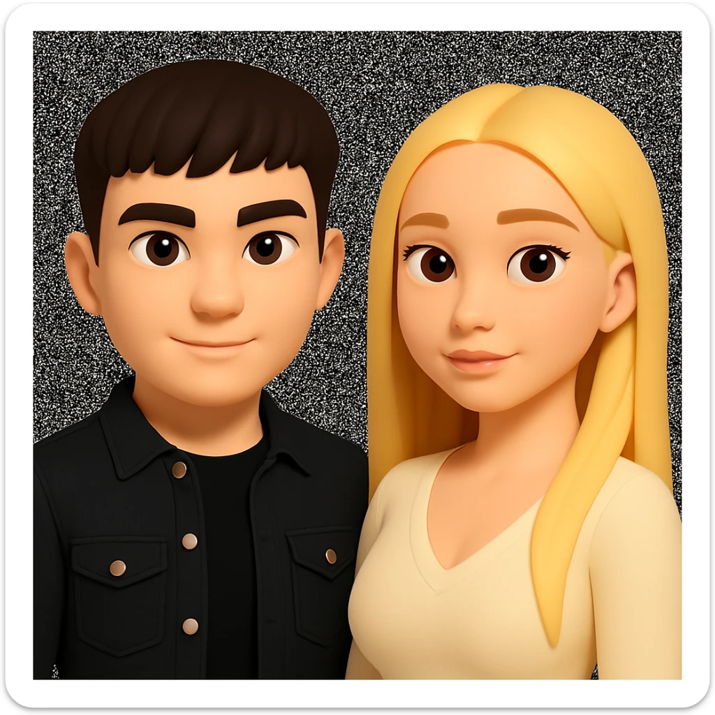 In the style of 3D Emoji, slightly increase the volume of the upper body of the girl, separate the girl and the boy from each other, and make the skin color the same for both characters. Maintain the 3D Emoji style characteristics. sticker