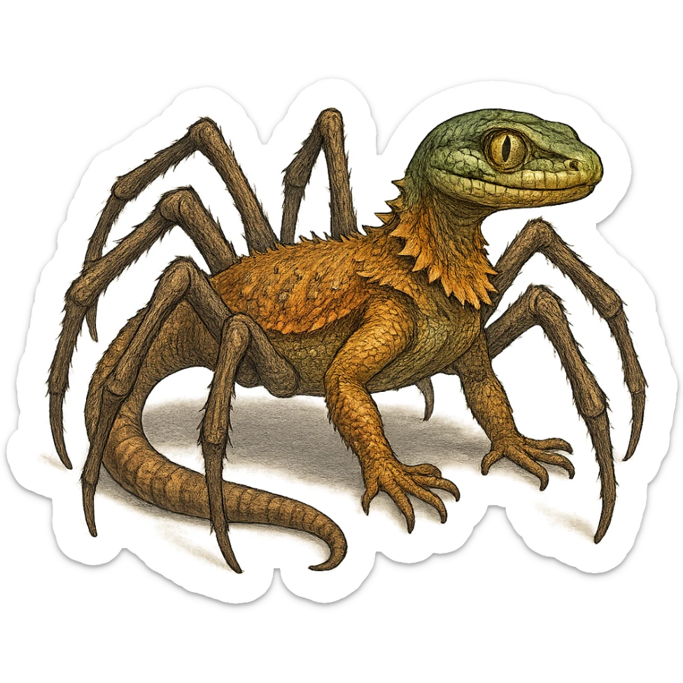 a hybrid animal combining a spider's legs, a bearded dragon's body, and a snake's head, unique and imaginative style, fantasy creature, detailed sticker