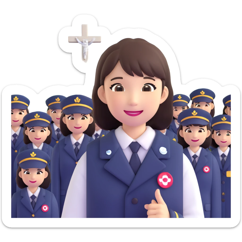 Japanese female high school student in group photo with classmates at Hiroshima Peace Memorial sticker