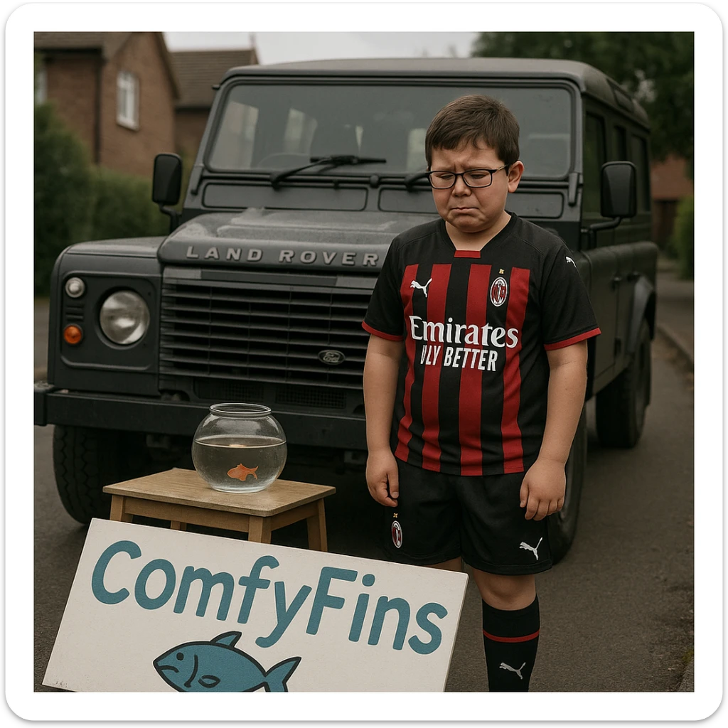 A young boy with glasses and a round face, wearing an AC Milan football kit, standing in front of a Land Rover Defender, looking devastated as his business 'ComfyFins' crashes sticker