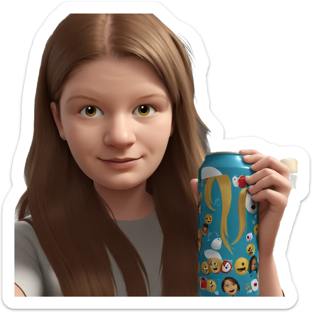 smiling girl holding a can sticker