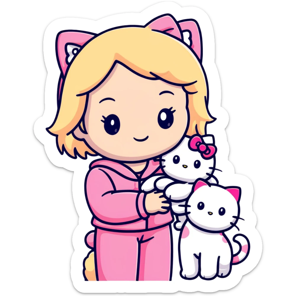 Blonde girl wearing pink Hello Kitty pajamas with two ragdoll cats sticker