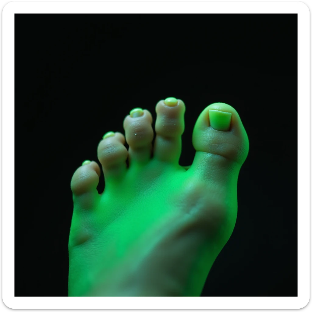 close-up of woman's foot with orthopedic insole, glowing green effect on foot indicating relief, realistic style, white background sticker