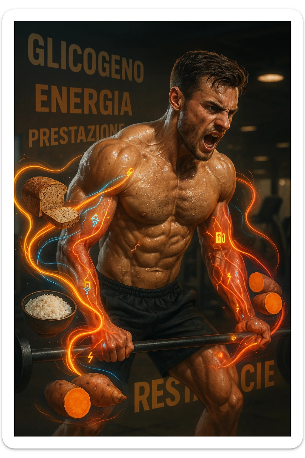 Uomo atletico di circa 30 anni durante un allenamento intenso in palestra, con muscoli ben definiti e sudati. Intorno a lui si visualizzano flussi energetici colorati che partono da fonti di carboidrati (pane integrale, riso, patate dolci) e si dirigono verso i suoi muscoli. I muscoli appaiono attivi, tesi e in pieno sforzo, con piccoli simboli di 'carburante' o energia che entrano nei tessuti. Espressione concentrata e potente. Sullo sfondo, parole come 'glicogeno', 'energia', 'prestazione'. Atmosfera dinamica, intensa e positiva. in italiano sticker