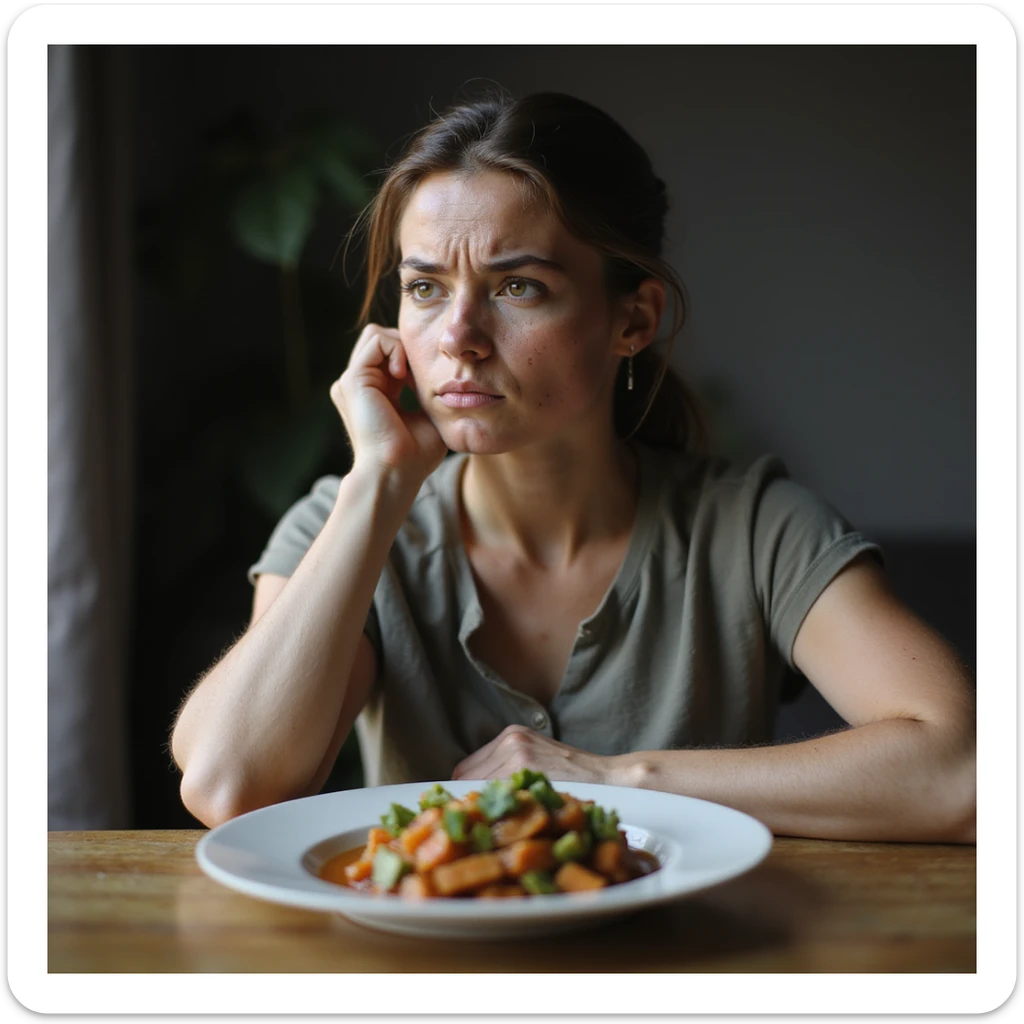 vertical 9:16 portrait of a woman with PCOS sitting at a table with a ketogenic plate, doubtful expression, face with acne and facial hair, thinning hair, realistic atmosphere, hyperrealistic 4K details sticker