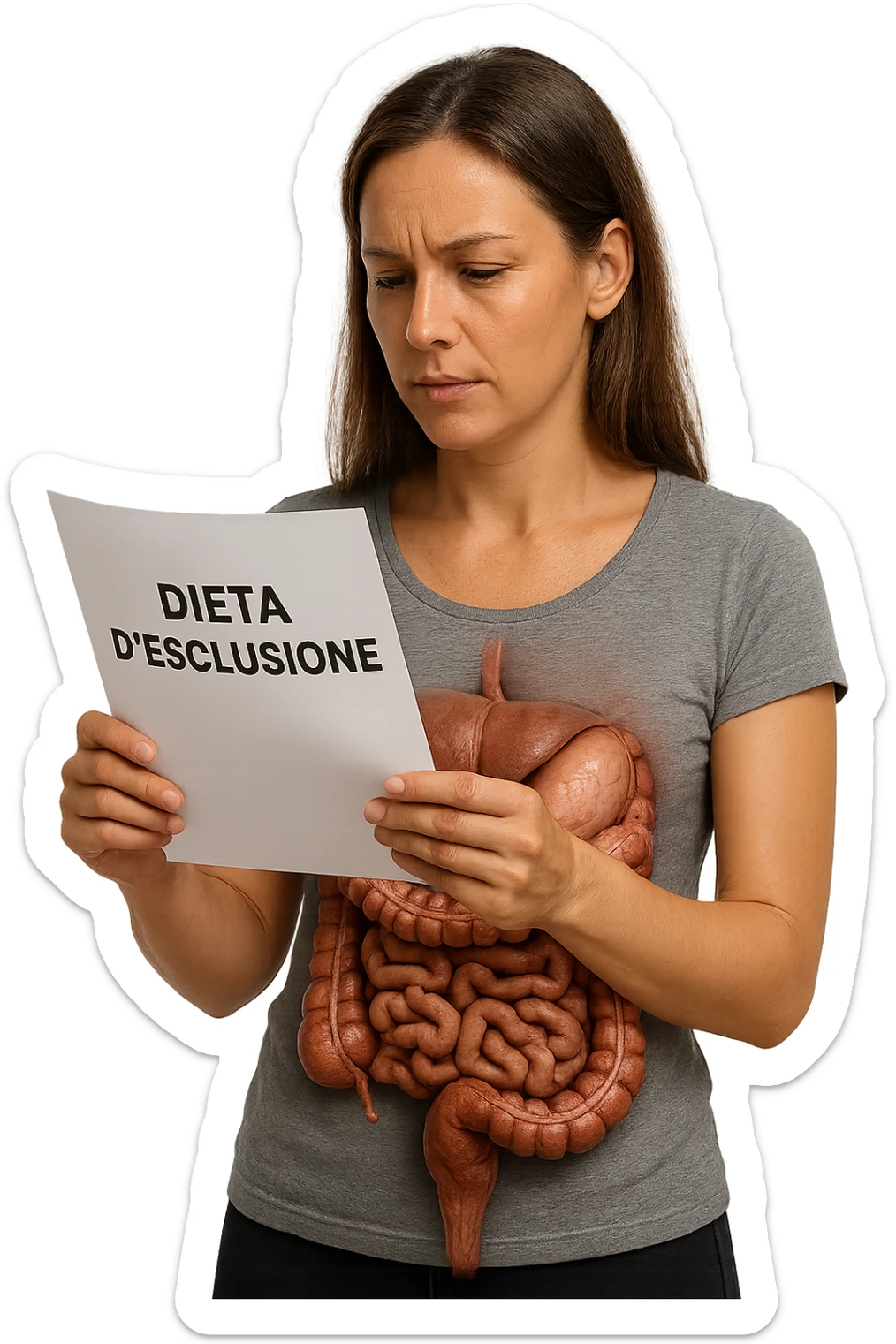 donna con intestino umano anatomico in evidenza che legge un foglio con la scritta "DIETA D'ESCLUSIONE, iperrealistica 4k sticker
