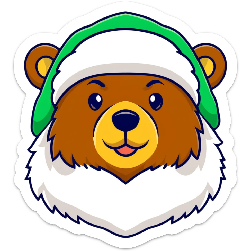 Cute grizzly bear face with green eyes, wearing a white fur hat with golden Russian coat of arms in the middle sticker