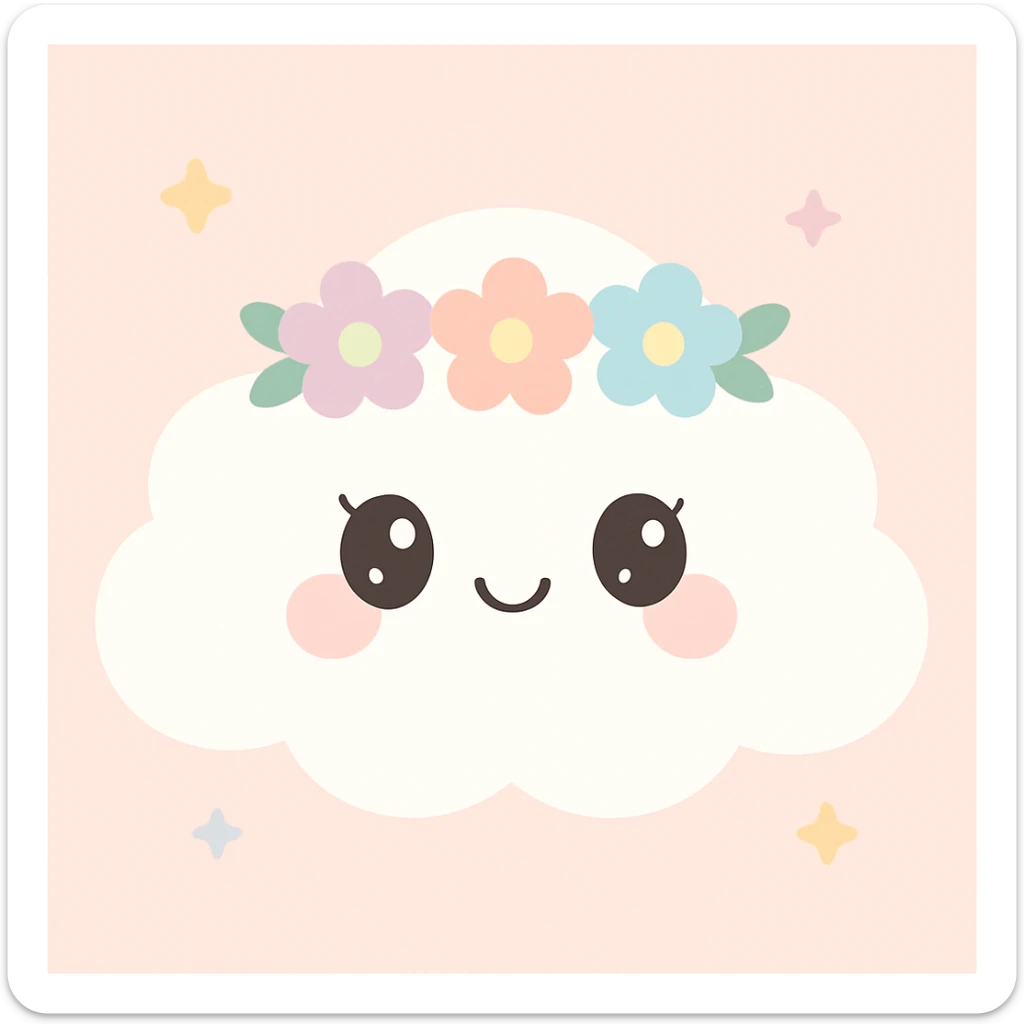 a white cloud with a flower crown and gentle feminine details, cute girly look, pastel colors sticker