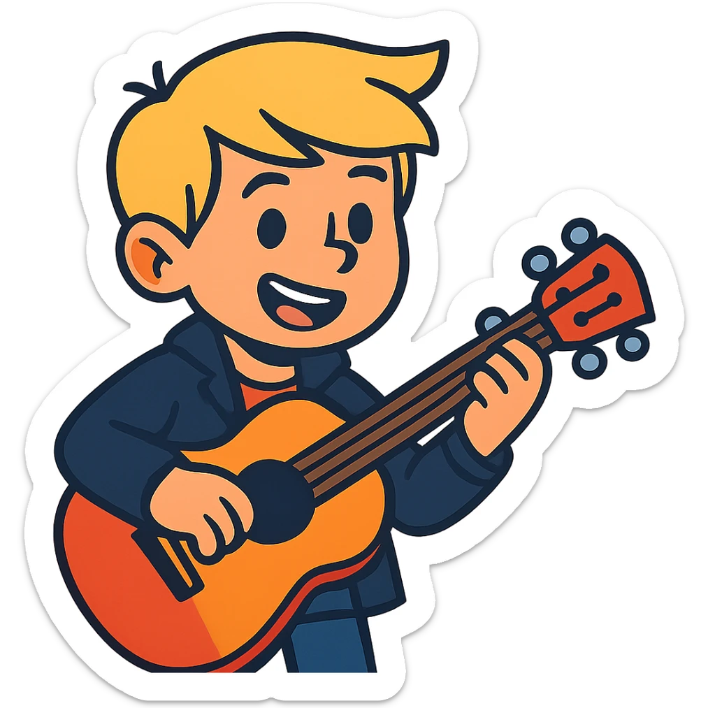young blonde boy in a black jacket playing a guitar in vibrant toon style sticker