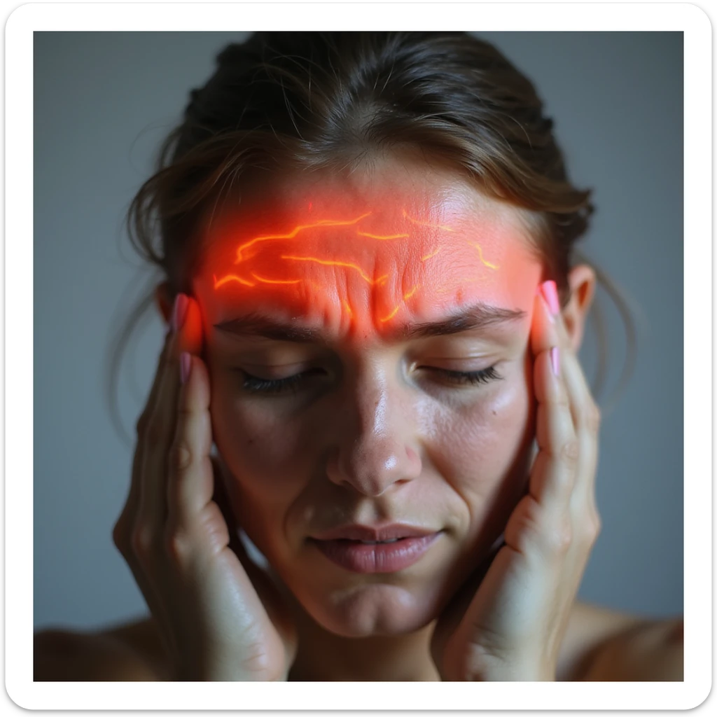 close-up of a woman's face with strong headache pain expression, bright red glowing areas on forehead and temples, realistic style, neutral background sticker