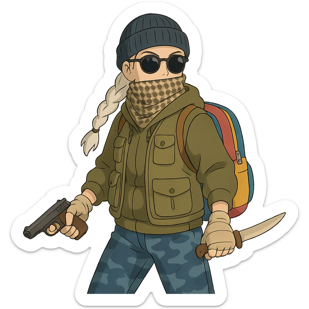 1 female, long white braid, knit cap, dark sunglasses, shemegh neckwrap, fishing vest, vibrant shool backpack, drab hoodie, handwraps, blue camo pants, makarov in 1 hand, bone shiv up and fighting backhand in the other hand sticker