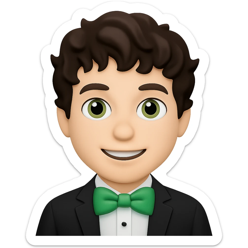 Change the man's hair to wavy hair, keep the man with green bow tie, in apple emoji style, with no background. sticker