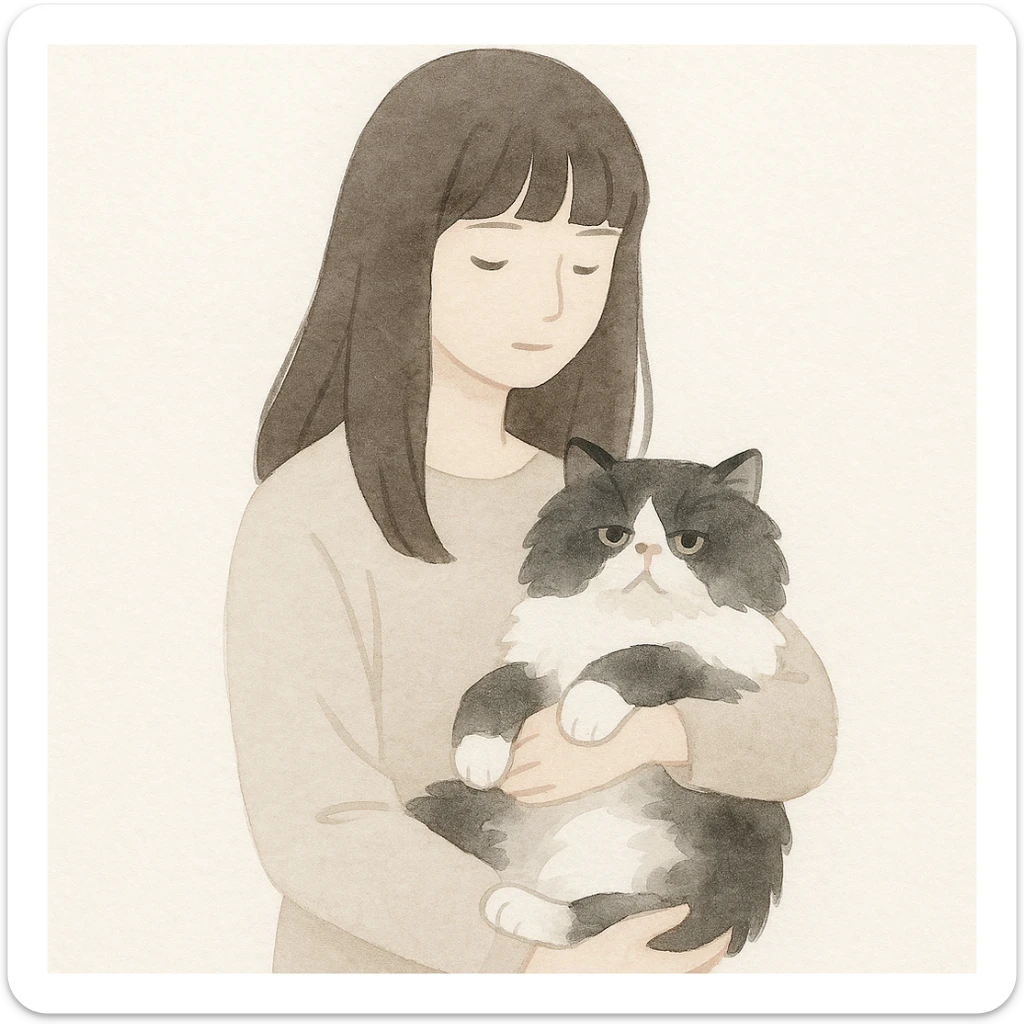 a girl with long, dark brown hair and bangs, carrying a black and white fluffy Persian cat, soft painterly style sticker