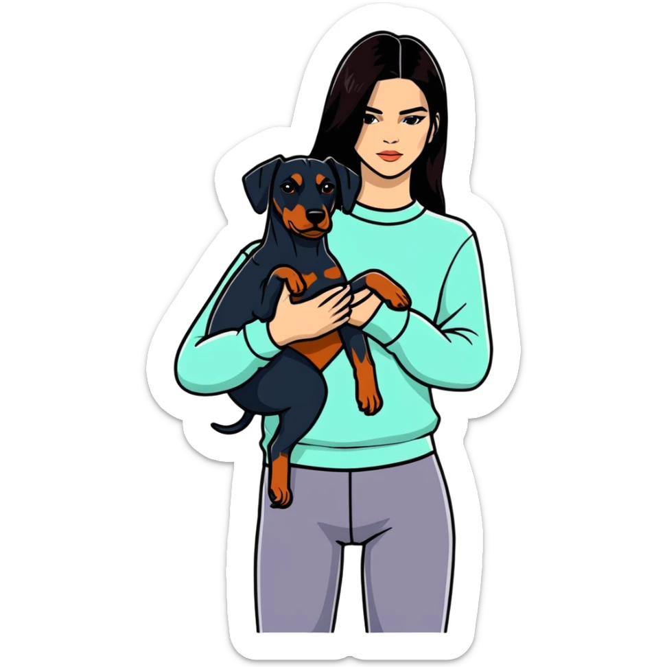 Kendall Jenner with long dark hair holds a Doberman Pinscher in her arms sticker