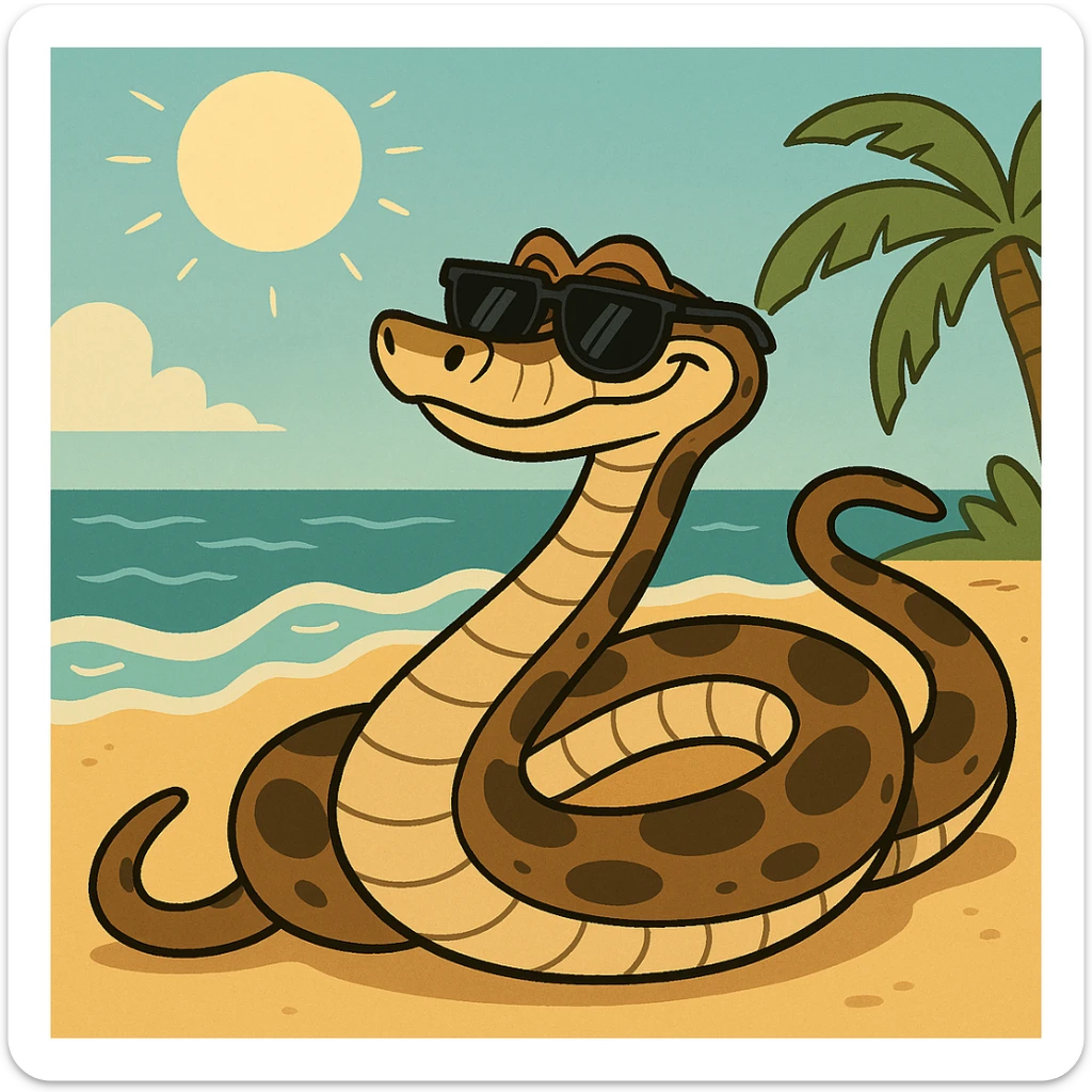Kaa the snake from The Jungle Book relaxing on a sunny beach, wearing sunglasses, cartoon style sticker