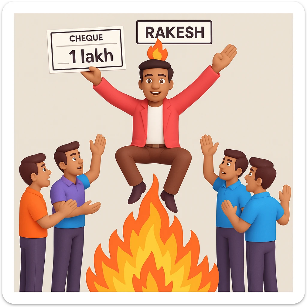 Add 'Rakesh' as a name label above the god-like figure and a prominent 1 lakh check in his hand, with fire and five worshipping team members below. Make both name and check clear and easy to read. sticker