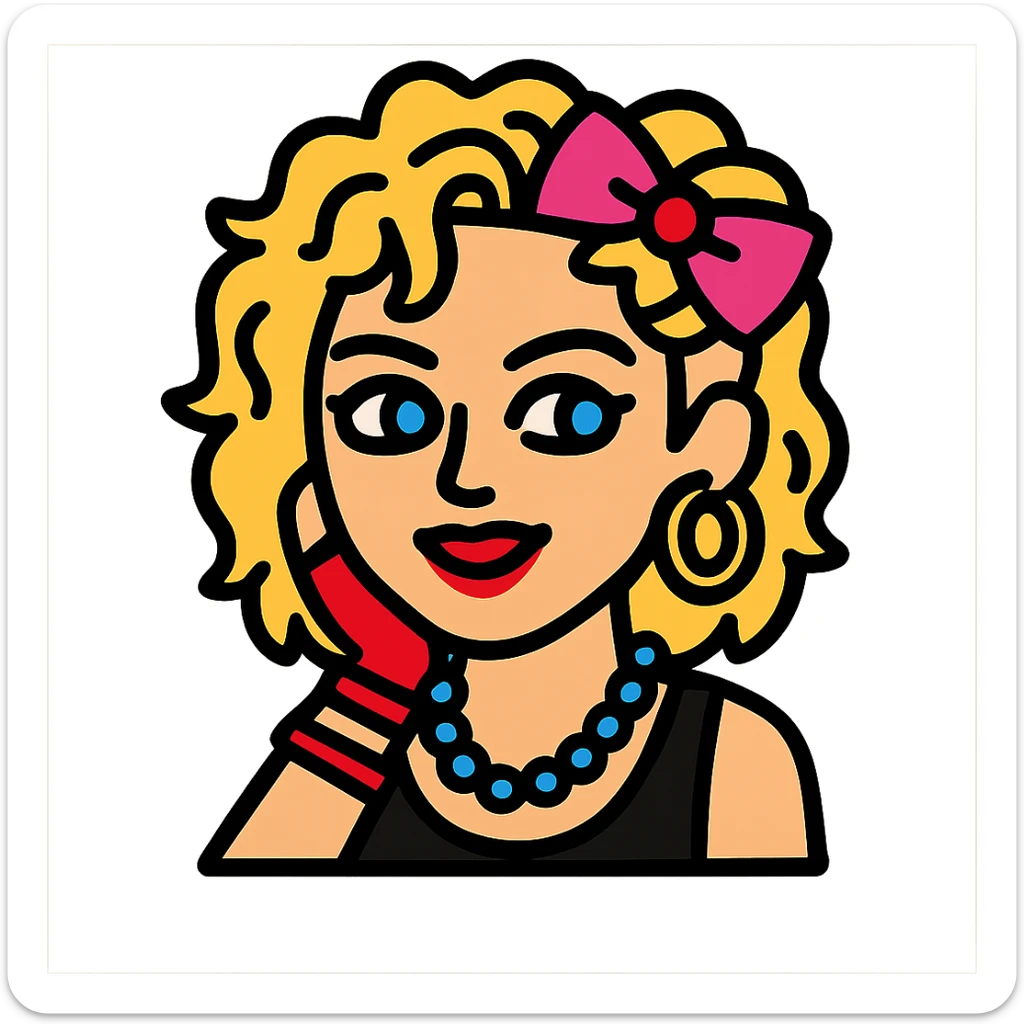 Madonna in 'Borderline' era, stylized as a cartoon icon, bold colors, 80s fashion, playful expression sticker