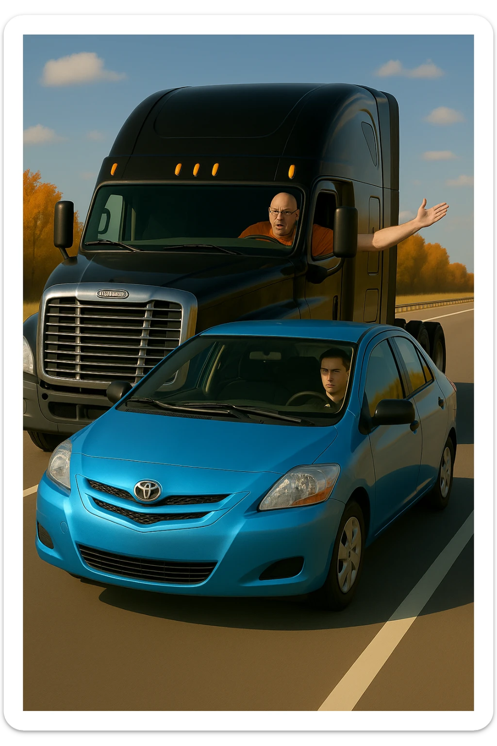 Make the driver of the black semi truck look angry, bald, wearing an orange shirt and glasses, with their arm out the window. Keep the scene bright and vibrant, with a person in the car in front. sticker