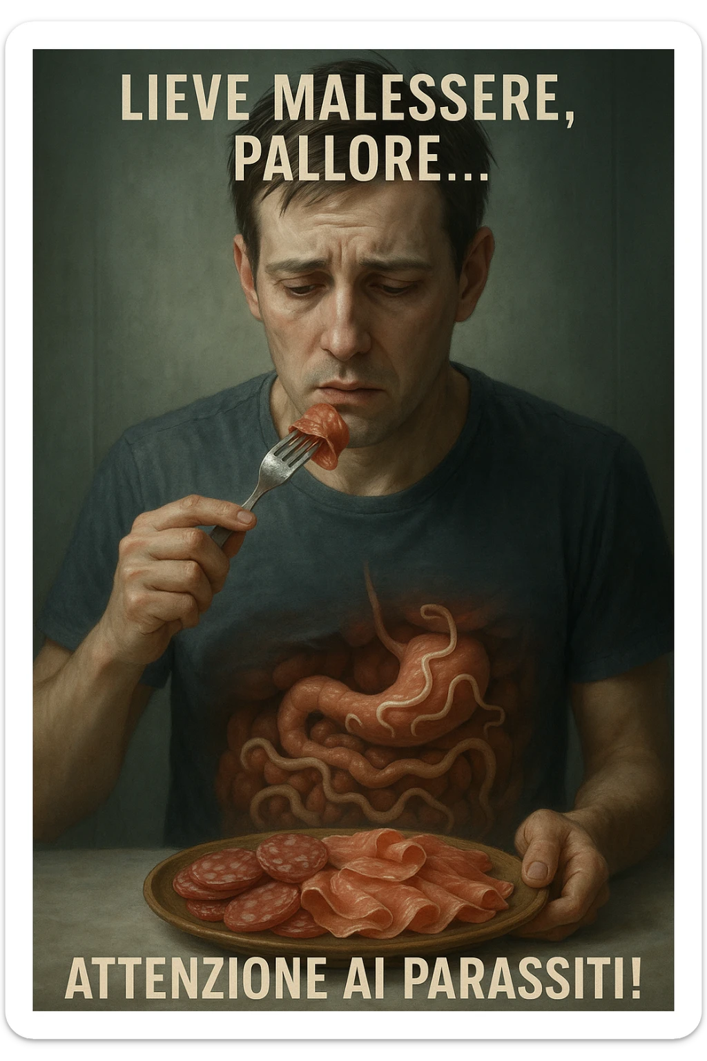 vertical realistic cinematic illustration of a man eating sliced cured meats, with a gradual appearance of intestinal parasites and early symptoms of malaise, clinical atmosphere, dramatic lighting, Italian captions, aspect ratio 2:3 sticker