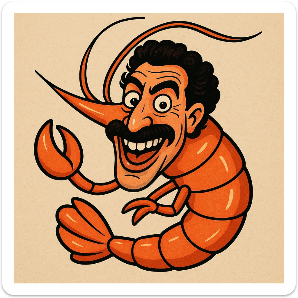 a shrimp with the face of Borat, humorous and expressive, cartoon style sticker