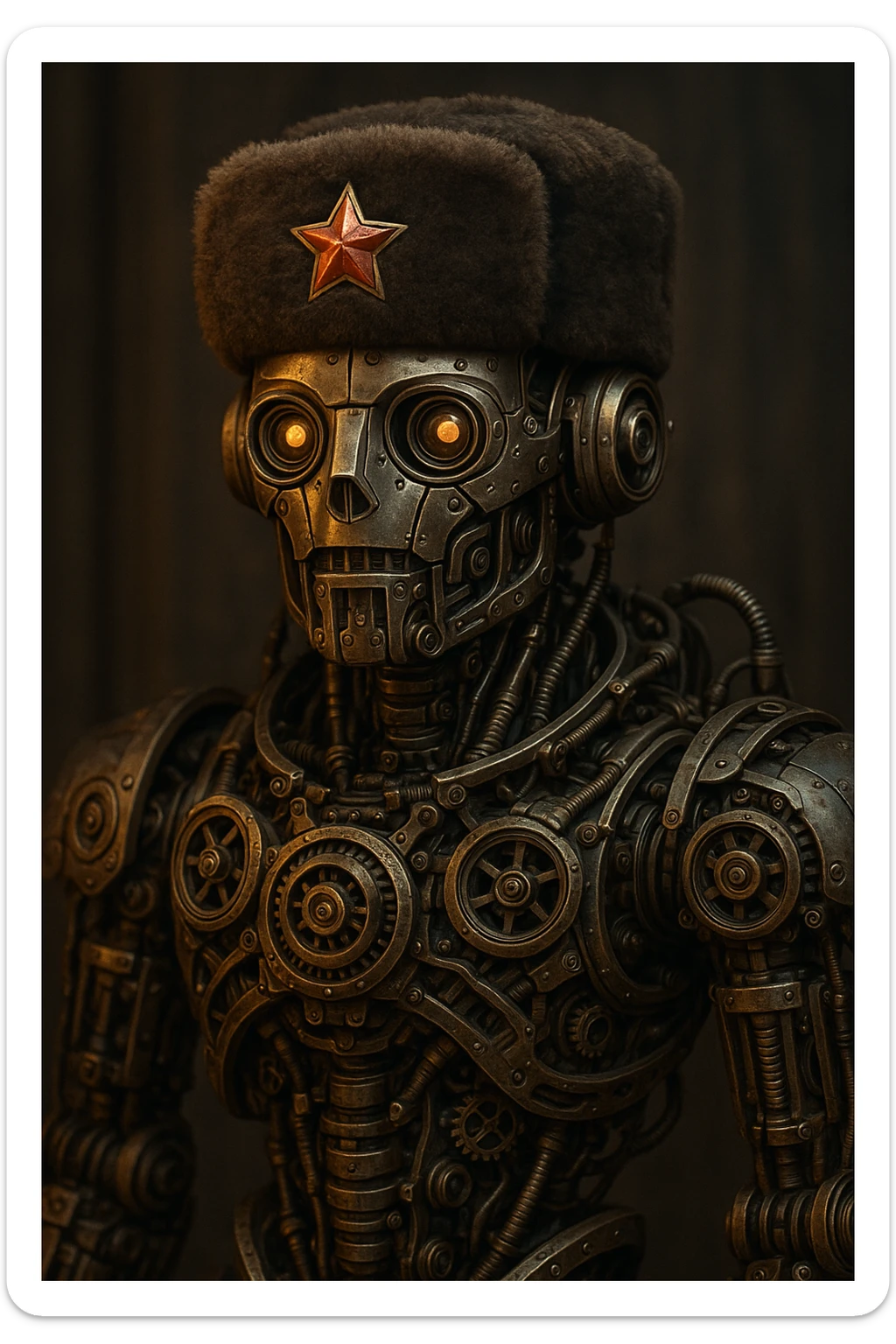 Mateo as a robot wearing a Russian shapka hat, visible gears and metal parts, intricate robotic design sticker