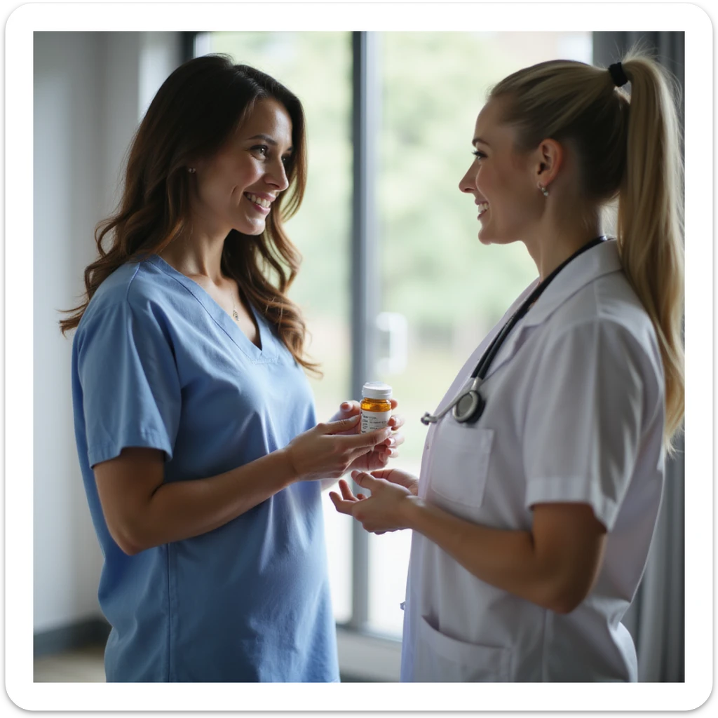 realistic image of a woman receiving a supplement prescription from a doctor after detecting a deficiency, outpatient environment, professional details, reassuring atmosphere sticker