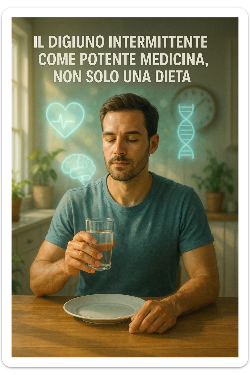 A realistic, cinematic illustration of a healthy, calm man in his early 30s sitting in a bright kitchen in the morning, with an empty plate in front of him and a glass of water in his hand, looking serene and focused. Behind him, the background shows subtle symbols of health: green plants, sunlight streaming in, and a blurred wall clock showing 10:00, symbolizing the fasting window. Above the man, a translucent overlay of medical icons (heart, brain, DNA strand) glows softly, illustrating that intermittent fasting acts as a powerful medicine, not merely a diet. The color palette is fresh and natural, emphasizing health, clarity, and focus. The style is realistic with slight cinematic tones, conveying that the man is using intermittent fasting as a tool for cellular regeneration, inflammation reduction, and health optimization rather than weight loss in italiano sticker