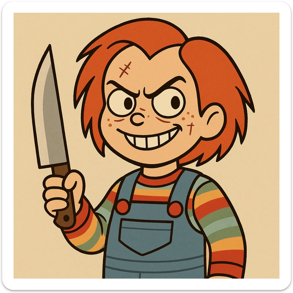 Chucky the doll cartoon style, red hair, striped shirt, overalls, mischievous grin sticker