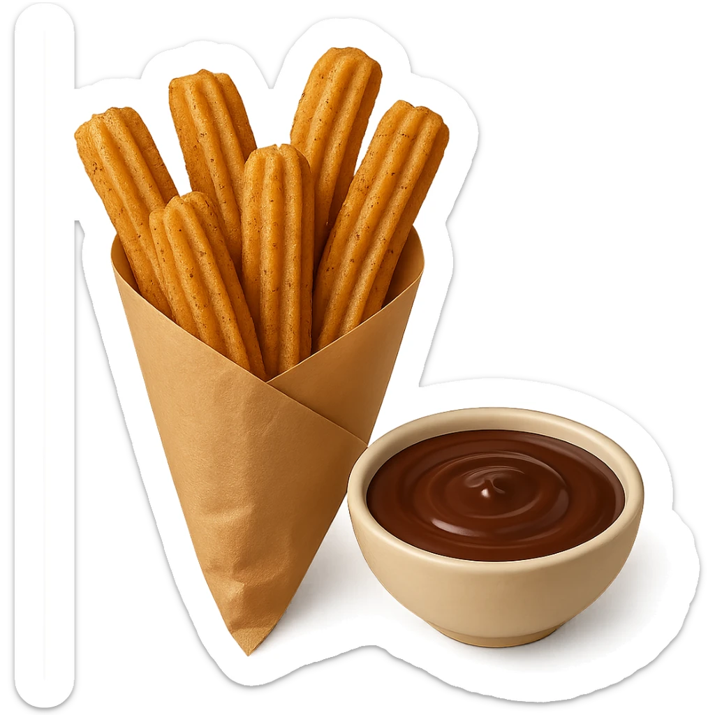 Remove the chocolate drizzle from the pile of churros in a paper cone. Show the pile of churros in a paper cone with a bowl of chocolate dipping sauce. Keep the background transparent. sticker