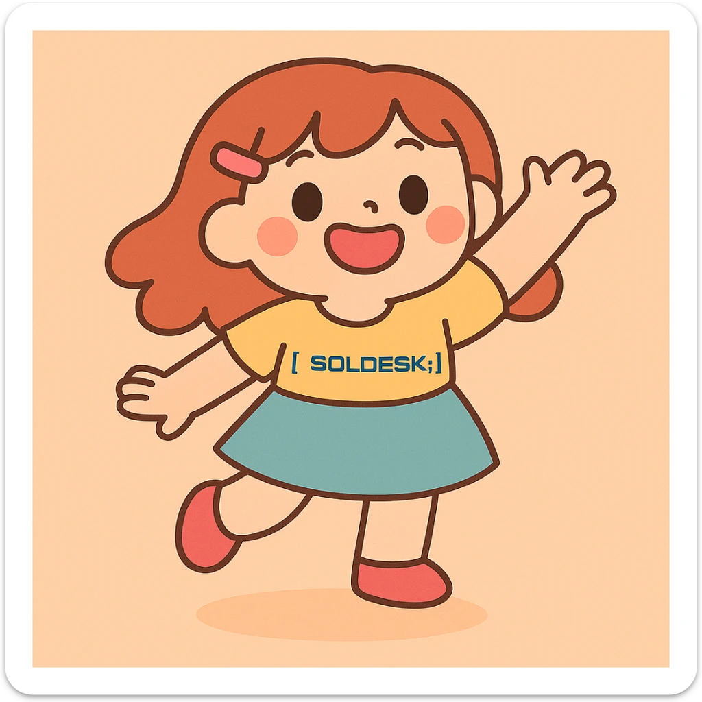 Add the SOLDESK logo to the character's shirt, keep the pastel toon style, preserve the original background. sticker