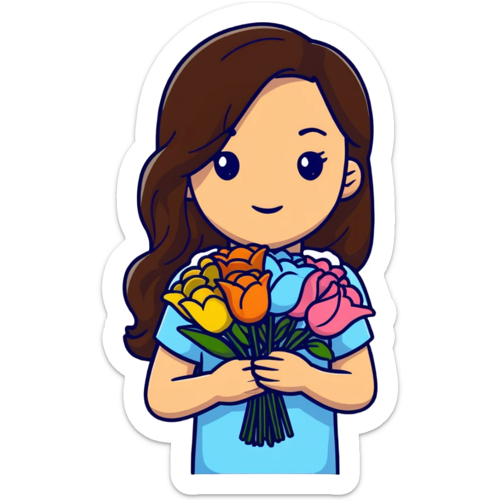 A cool girl with long brown hair and fair skin holding a bouquet of flowers sticker