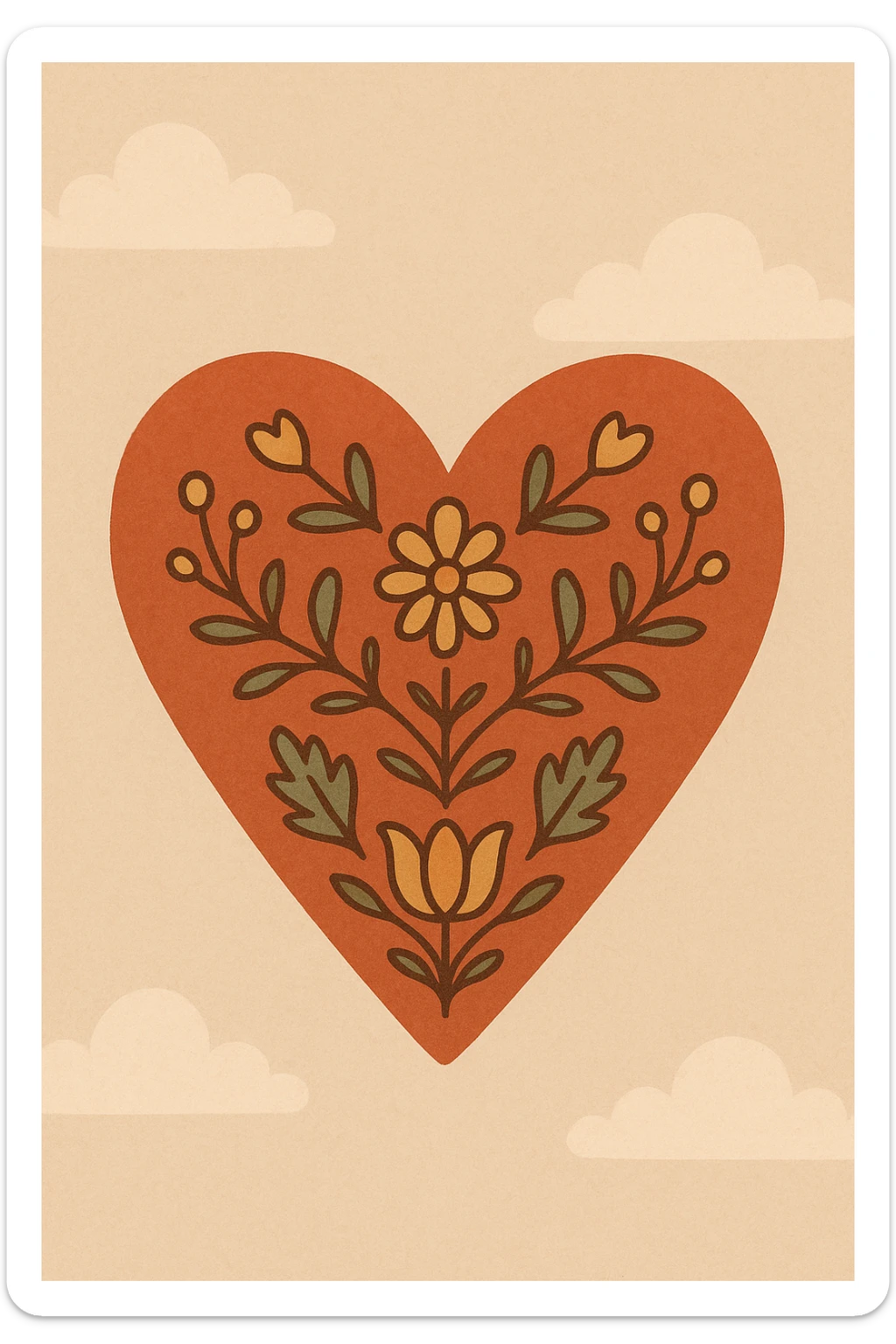red heart with minimalist Scandinavian folk art nature motif, clean lines, simple floral elements, inspired by Swedish Dala painting sticker
