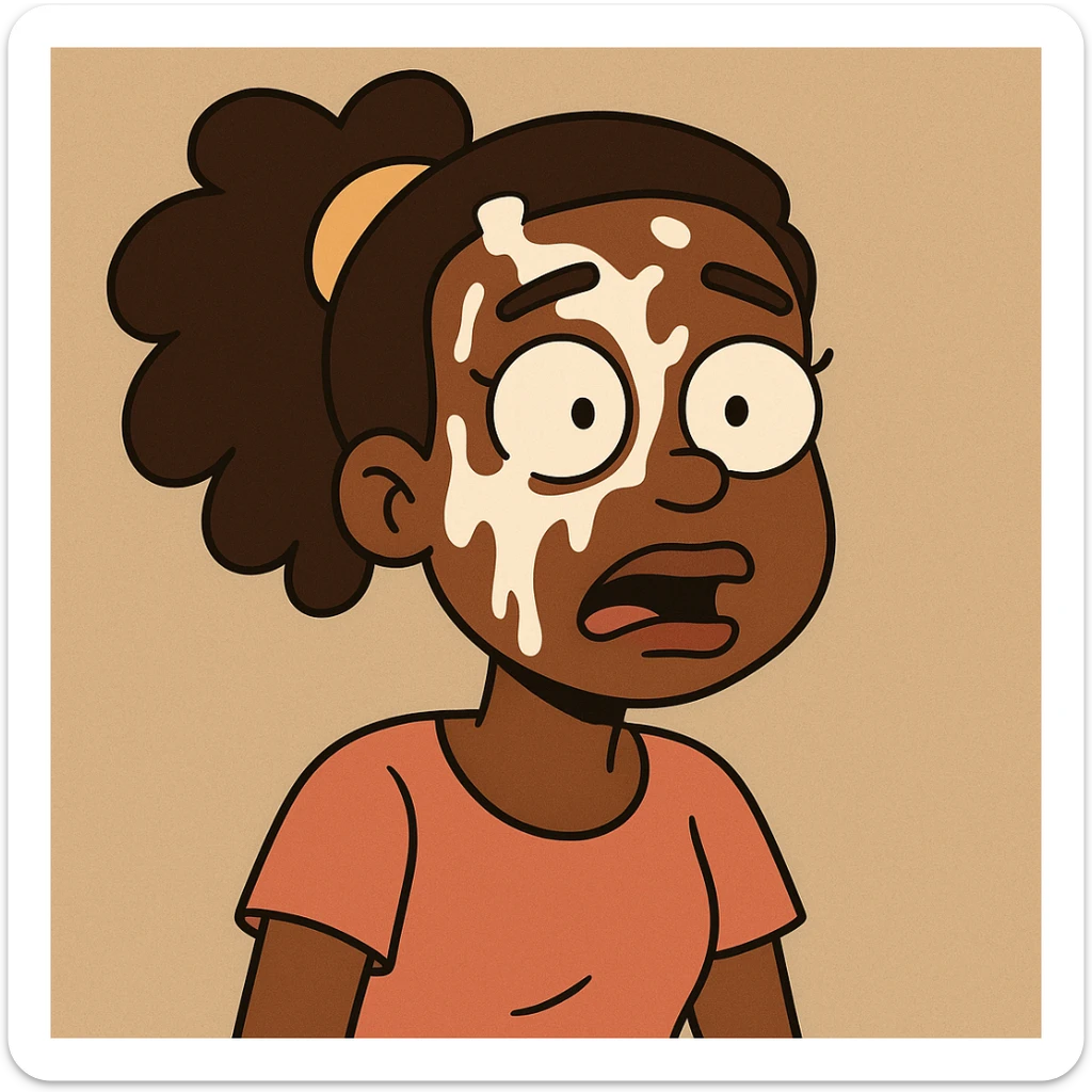 cartoon style illustration of a dark-skinned girl with milk on her face sticker