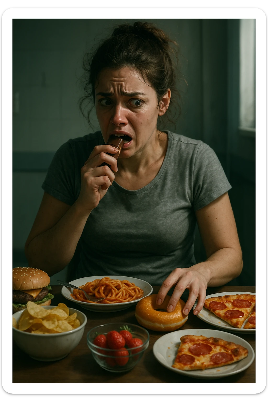 realistic cinematic illustration of a woman during menstrual cycle with very evident emotional eating, anxious expression, compulsive gestures towards food, tense posture, realistic details, clinical atmosphere, dramatic lighting, no text, vertical 2:3 aspect ratio sticker