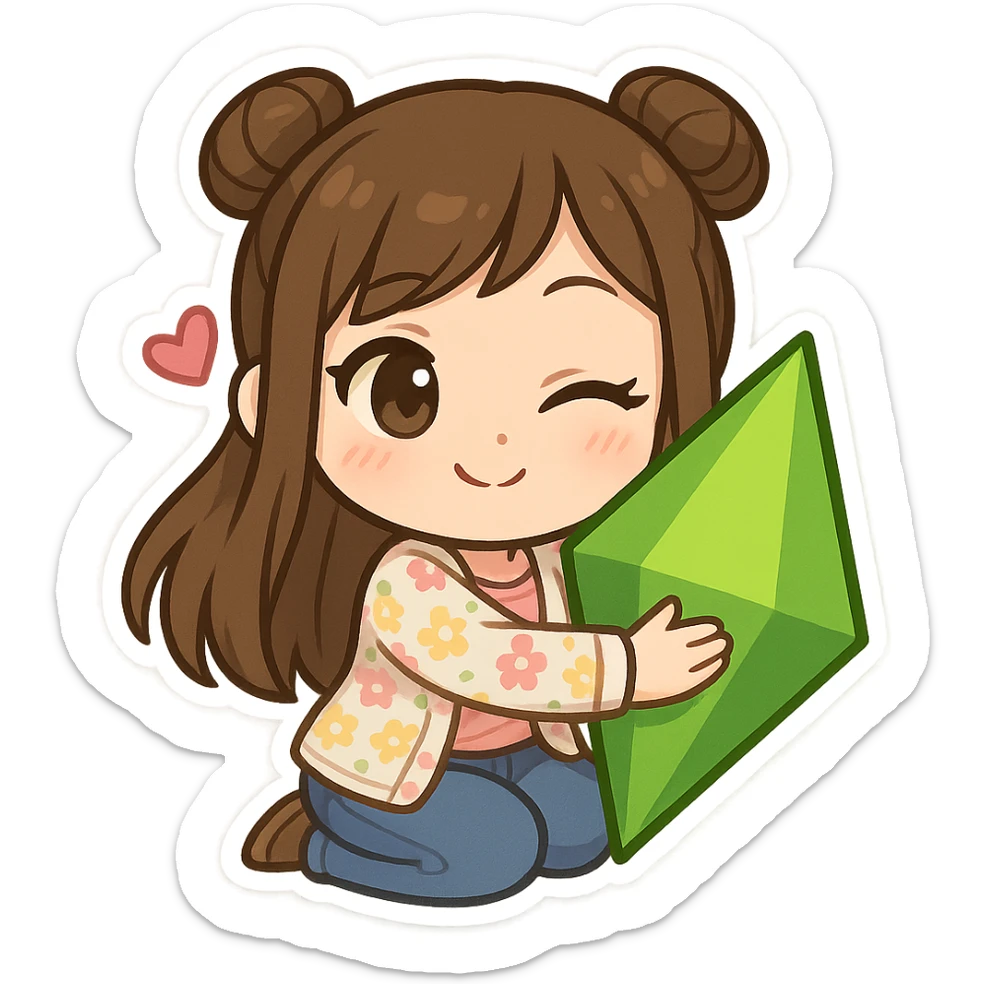 chibi sticker of a girl with brown straight hair in double buns, brown eyes, wearing a pastel floral cardigan and jeans, white outline, being flirty and hugging a plumbob, transparent background, 512x512px sticker