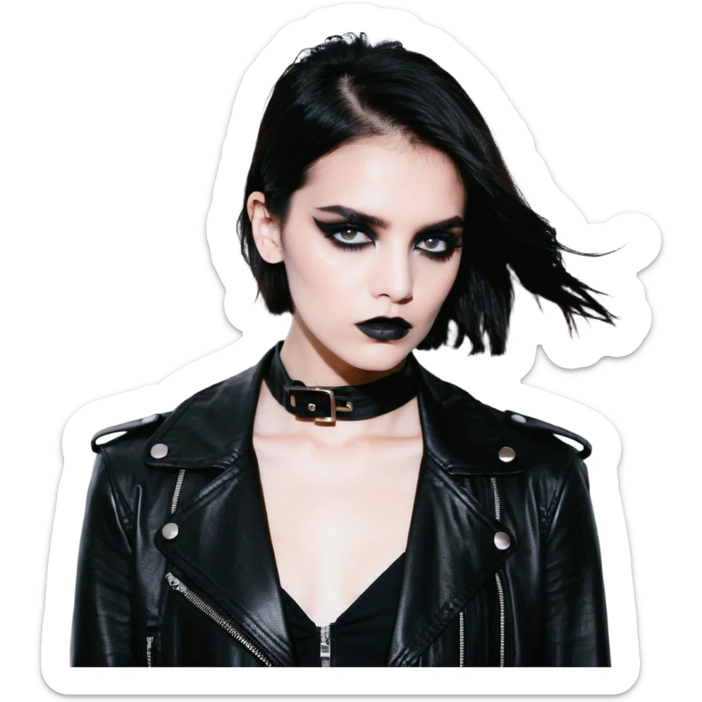 Chucky's bride in a black dress and black leather jacket, heavy dark eye makeup sticker