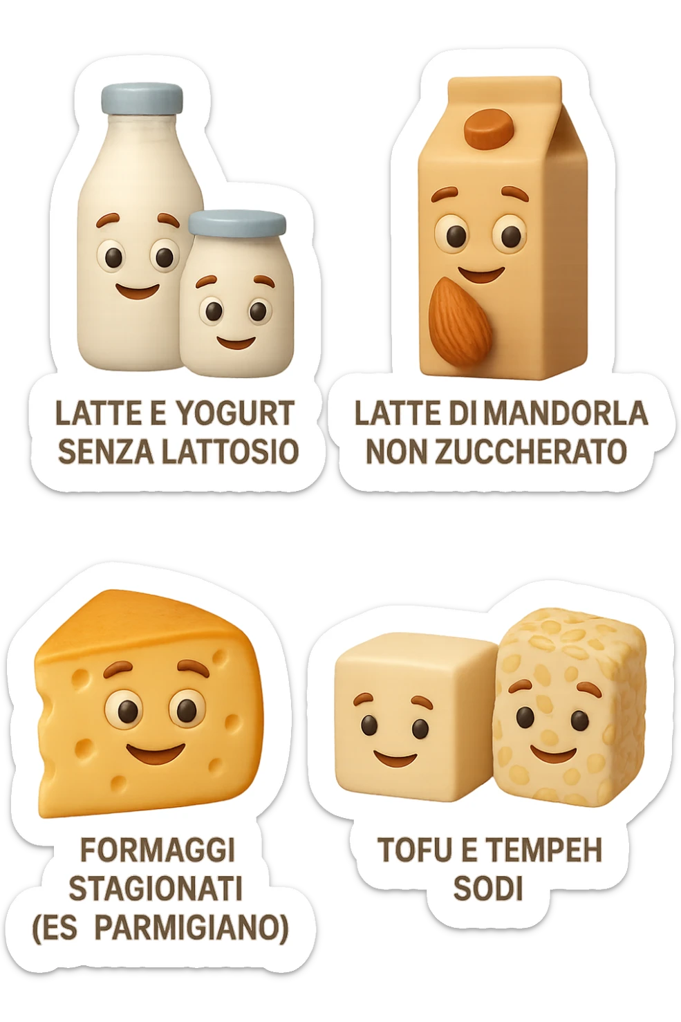 emoji stile iphone 3d di questi elementi che fluttuano in aria:

Latte e yogurt delattosati
Latte di mandorla (non zuccherato)
Latte di soia da proteine isolate
Formaggi stagionati (es. parmigiano)
Tofu compatto e tempeh
 che fluttuano in aria,  le etichette scrivile in italiano, iperealistico 4k sticker
