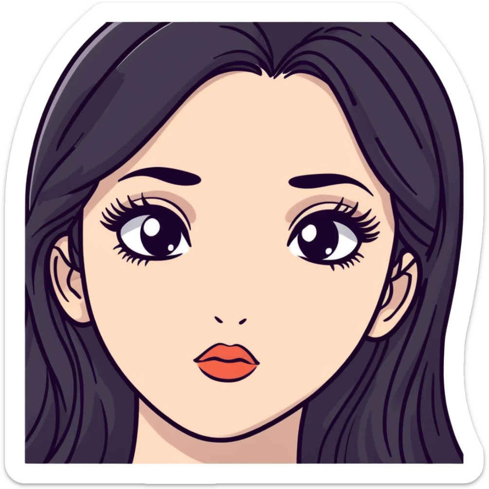 White girl with long oval face, huge round black eyes, big eyelashes, no makeup, natural lips, face closeup, long straight black middle-parted hair sticker