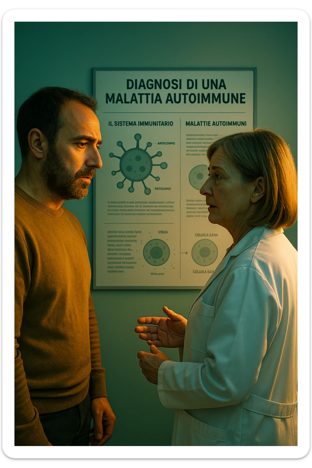 Realistic, detailed photo taken from behind of one doctor e un paziente —a bearded man and a middle-aged woman—standing and facing each other as they discuss an autoimmune disease diagnosis in front of a medical chart that displays information about the immune system and autoimmune conditions. The scene is illuminated by a yellowish, orange, warm light that softly envelops the doctors. The entire room is bathed in a single green-blue color, creating a cohesive and modern atmosphere. Both doctors wear white coats, and their body language suggests a serious, professional conversation about the complexities of autoimmune diseases. Shot with a Canon EOS R5, with high detail and natural depth of field. in italiano sticker