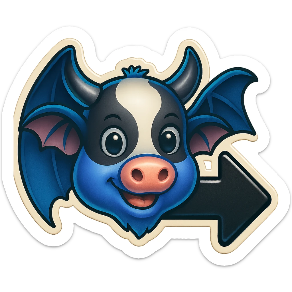 Edit the cow-bat hybrid emoji to be holding or next to a bold back arrow. Keep the same style and colors as the reference image. Ensure high visibility suitable for Discord and Slack. No background (transparent). sticker