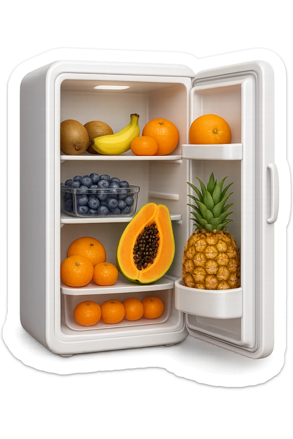 emoji stile iphone di un frigo aperto con dentro ben visibili questi alimenti: Kiwi
Banana acerba
Arance e mandarini
Mirtilli
Ananas
Papaya
IPERREALISTICO 4K sticker