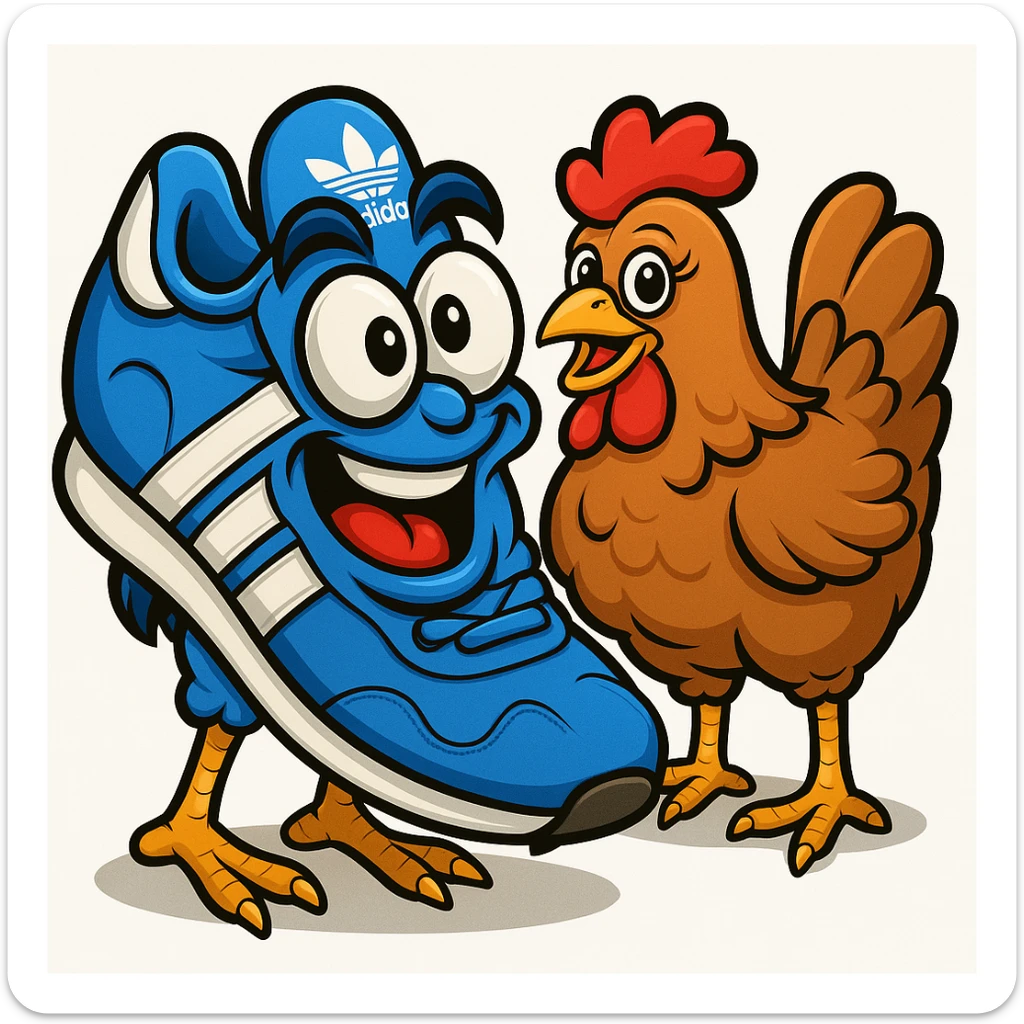 Make the blue Adidas sneaker with a face and chicken legs much more caricatured, exaggerating the features and expressions, while maintaining the emoji style look. sticker