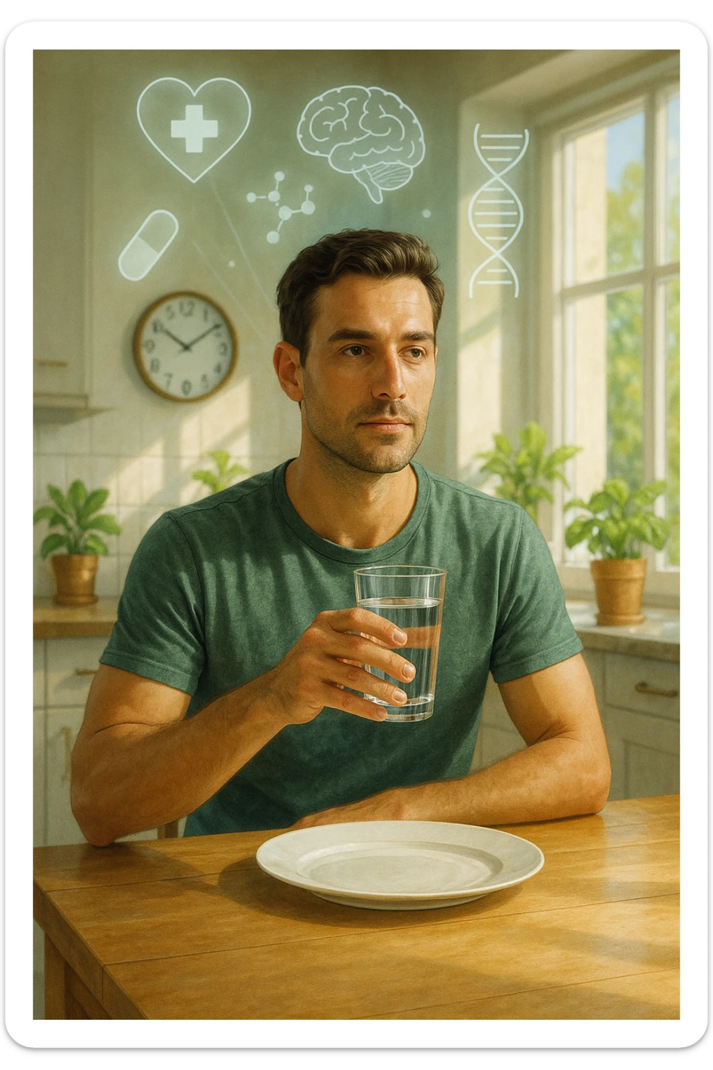 A realistic, cinematic illustration of a healthy, calm man in his early 30s sitting in a bright kitchen in the morning, with an empty plate in front of him and a glass of water in his hand, looking serene and focused. Behind him, the background shows subtle symbols of health: green plants, sunlight streaming in, and a blurred wall clock showing 10:00, symbolizing the fasting window. Above the man, a translucent overlay of medical icons (heart, brain, DNA strand) glows softly, illustrating that intermittent fasting acts as a powerful medicine, not merely a diet. The color palette is fresh and natural, emphasizing health, clarity, and focus. The style is realistic with slight cinematic tones, conveying that the man is using intermittent fasting as a tool for cellular regeneration, inflammation reduction, and health optimization rather than weight loss in italiano sticker