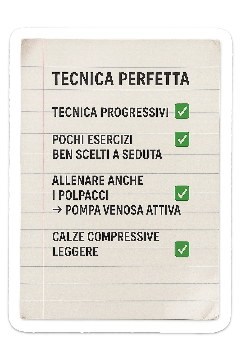 FOGLIO DI CARTA PER L'ALLENAMENTO IN PALESTRA CON LA SCRITTA "Tecnica perfetta
 ✅ Carichi progressivi
 ✅ Pochi esercizi ben scelti a seduta
 ✅ Allenare anche i polpacci → pompa venosa attiva
 ✅ Calze compressive leggere" , IPERREALISTICA 4K sticker
