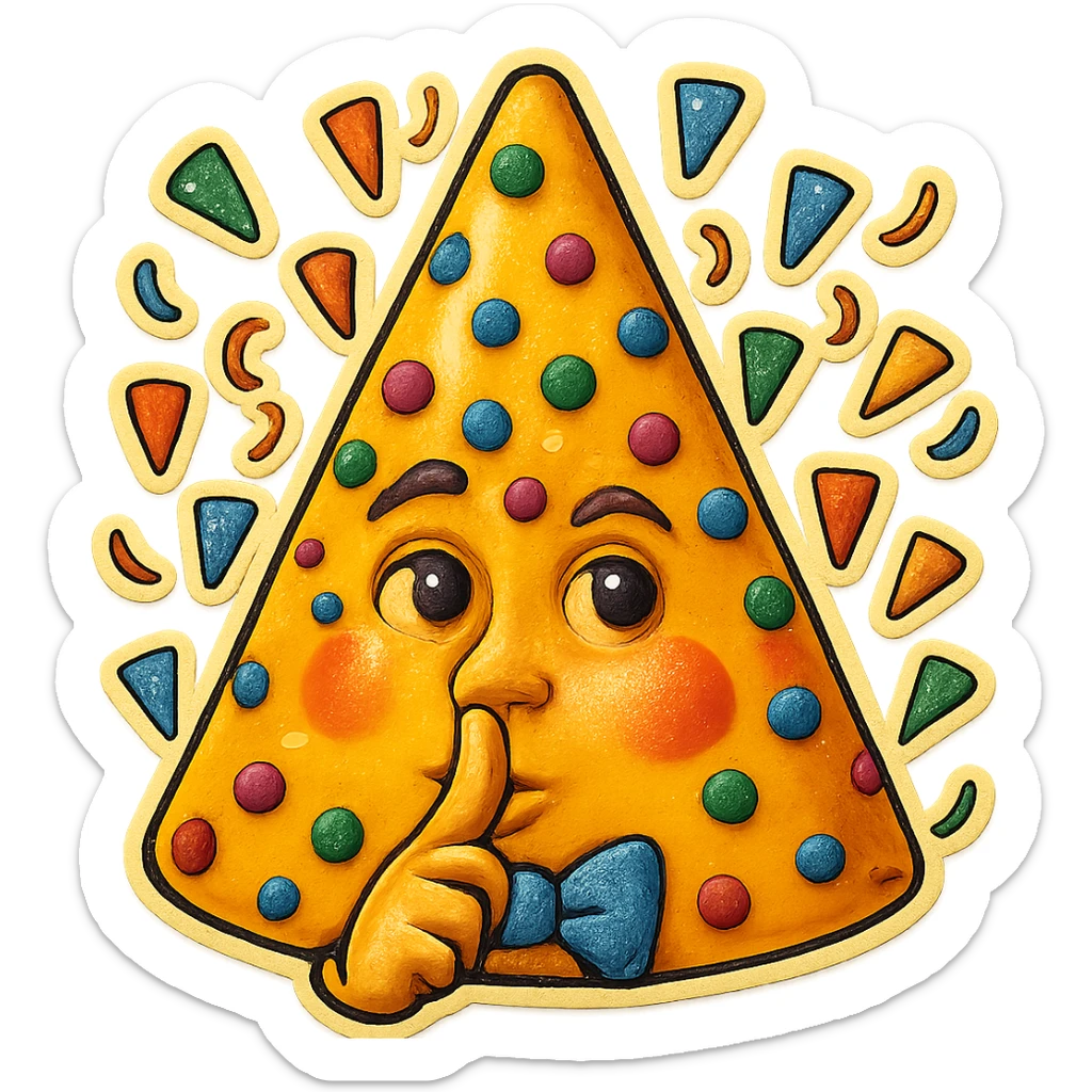 Add a finger in front of the pursed lips to clearly show the shushing gesture, keeping the cone party hat, confetti, and cheerful expression, no background. sticker