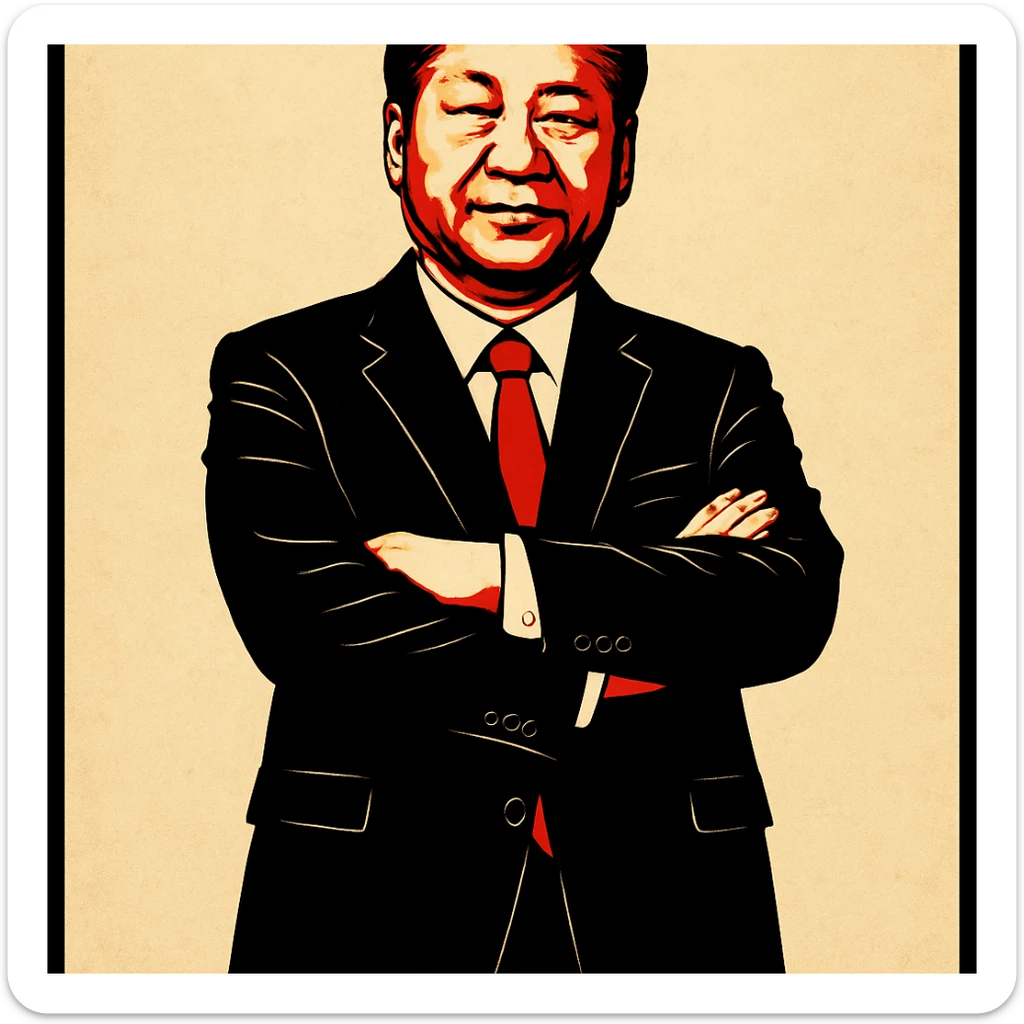 bold poster-style illustration, man resembling Xi Jinping, full body, arms crossed, black suit, red tie, centered, neutral background sticker