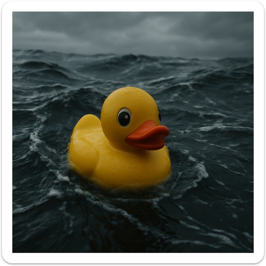 Extreme Closeup shot of Yellow duck toy on ocean during cloudy day, stormy sea, Camera from top, inspired by interstellar, shot by camera alexa 65, 35mm lens sticker