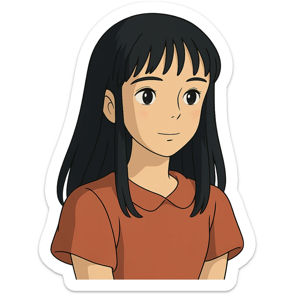 ghibli style illustration of a pretty girl with straight black hair sticker