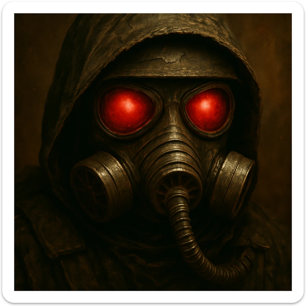 Add a helmet and zoom in on the face of the post apocalyptic soldier wearing a gas mask with red eyes, keep the gritty style, detailed and intense atmosphere. sticker